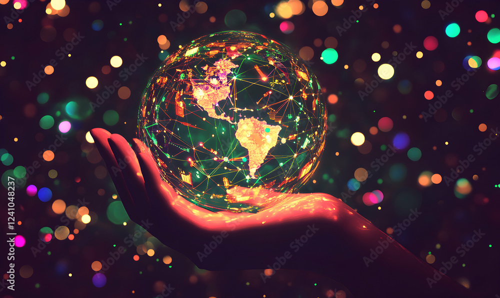 Poster global network connections visualized as a glowing orb held in a hand against a bokeh background, sy