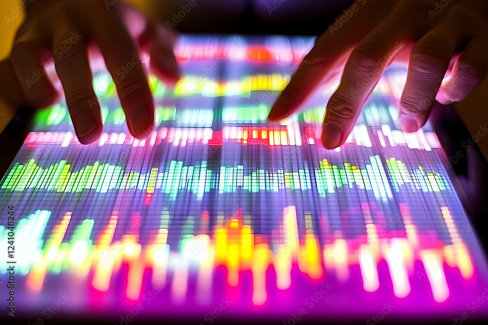 Poster close-up of hands interacting with a vibrant digital audio waveform display on a tablet, showcasing 