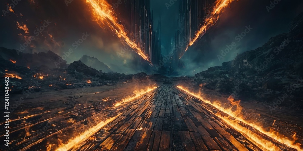 Poster a fiery landscape with a path of fire