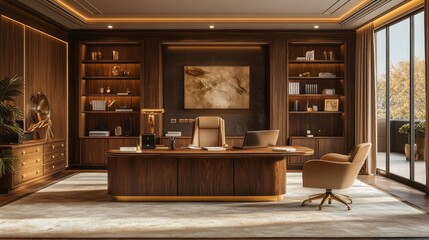 Fototapeta premium A luxurious office with chestnut-colored walls, walnut wood furniture, beige chairs, golden accents, and ambient lighting for a warm and inviting professional atmosphere