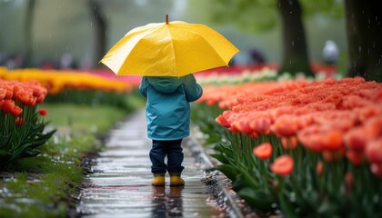 Child standing with umbrella among vibrant tulips on rainy day with copy space