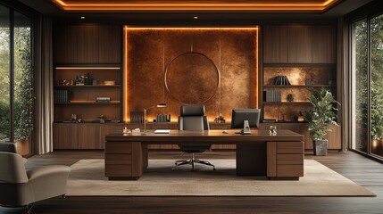 A luxurious workspace in copper tones with copper walls, dark wood furniture, beige seating, soft warm lighting, and metallic decor for a bold yet elegant setup 