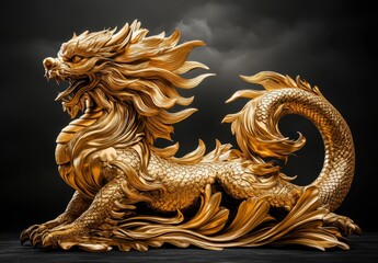 Obraz premium Ornate golden dragon statue, detailed scales and flowing mane, dark background, dramatic lighting, 3d rendering, mythical creature, artistic design