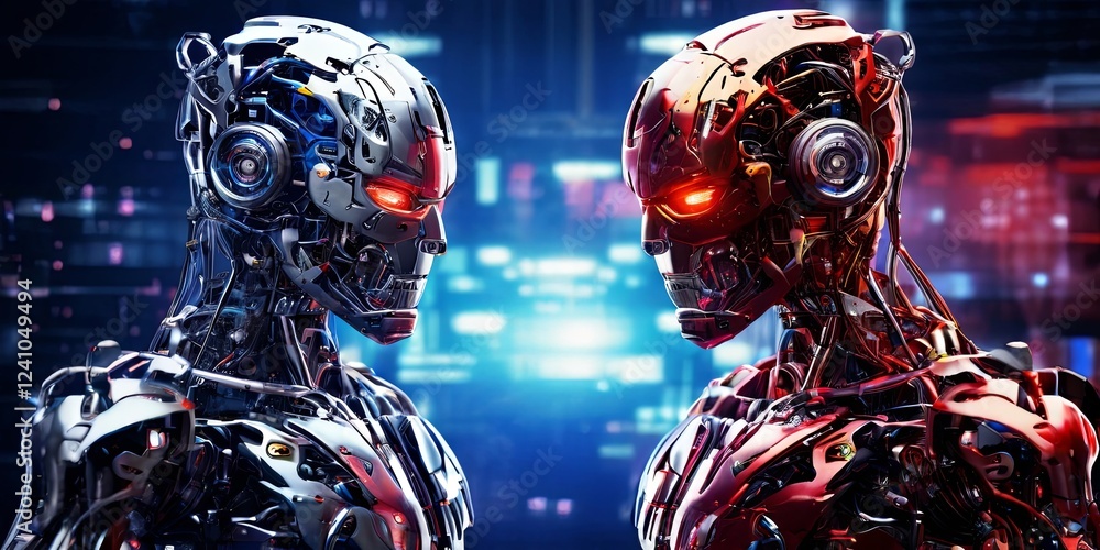 Poster two robots with red and silver heads