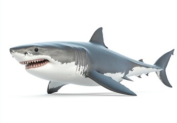 Fototapeta premium Detailed 3d model of great white shark, gray and white scales, open mouth showing sharp teeth, against a plain white background, pixelated graphics