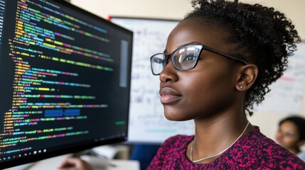 Focused female programmer reviewing code on a large monitor.