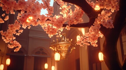 Obraz premium Illuminated cherry blossoms hanging over ornate golden lantern in a tranquil courtyard.