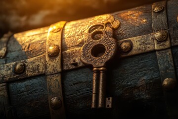 close-up of an old rusty metal key unlocking a treasure chest, symbolizing success and achievement, illuminated by soft light to enhance the feeling of discovery
