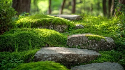 Moss Covered Stone Pathway Through a Lush Green Forest Scene with Sunlit Layers