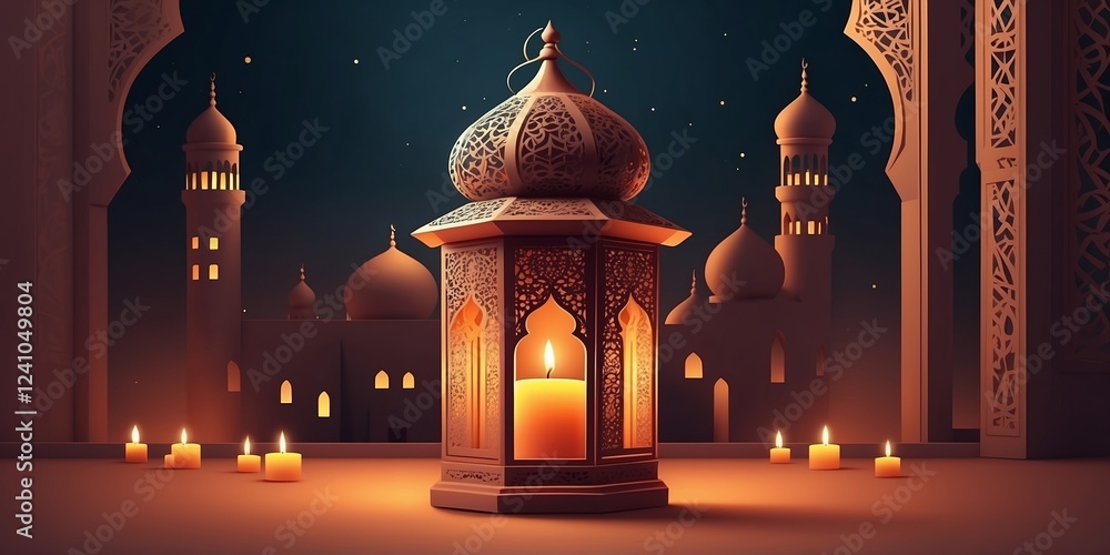 Poster warm glow of a lantern in a serene evening setting near ornate architecture