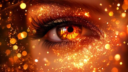 Close-up of Female Eye with Fiery Makeup and Festive Gold Glitter on Face, Holiday Sparkle Concept.