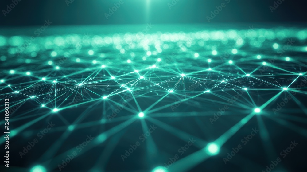 Poster a perspective view of a glowing, teal-colored, tech grid extending into the distance with bright nod