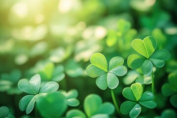 close-up of lush green shamrock leaves glistening in soft light, beautifully blurred background symbolizing irish tradition and luck during st. patrick's day celebrations