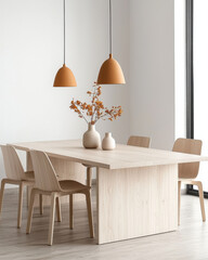 Minimalist modern dining room with wooden table and stylish decor