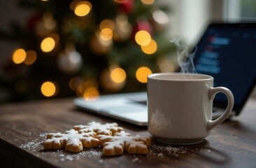 a cup of tea and Christmas cookies on the background of a laptop with a code. the atmosphere of the holidays