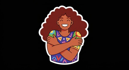 Happy cartoon character embracing positivity with colorful patterned shirt illustration