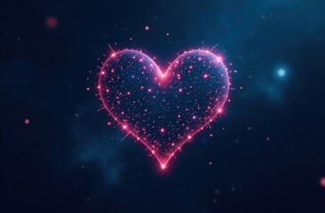 The digital heart symbol glows in a futuristic style. Pink glowing heart on the background of space