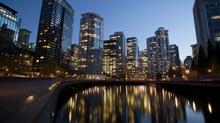 Obraz premium A city skyline with a large body of water in the foreground. The water is reflecting the lights of the city, creating a serene and peaceful atmosphere