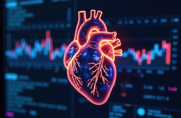 Human heart anatomy connecting on a blue background. Futuristic glowing hologram of an organ in translucent red and blue color and a place for text. Medical anatomical concept.