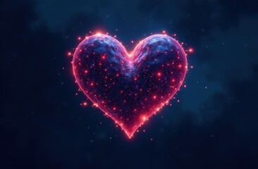The digital heart symbol glows in a futuristic style. Pink glowing heart on the background of space