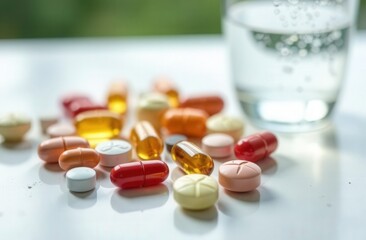 orange pills on the table next to a glass of water. The concept of health. The concept of medicine.