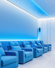Fototapeta premium Modern home theater with plush blue seating and ambient lighting
