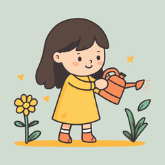 Cute little girl planting plants in the garden vector illustration 