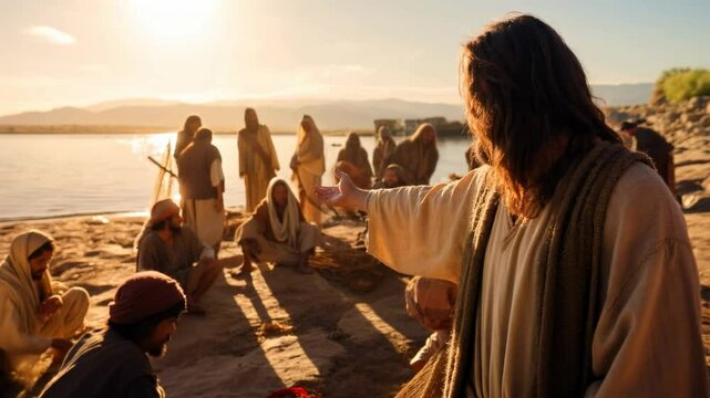 Jesus Christ on the shore of a lake, fishing with fishermen. Christian gospel video