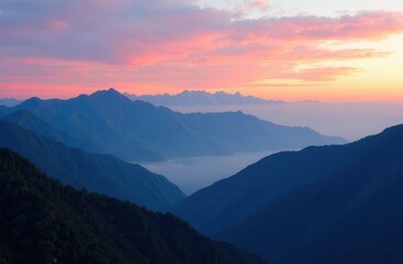 scenic sunset or sunrise in the mountains before the sun appears
