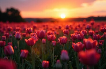 A landscape with a beautiful sunset over a field of tulips
