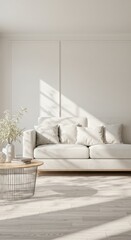 Modern minimalist living room with sunlit white sofa and wooden coffee table
