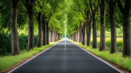 Obraz premium A straight road flanked by tall trees, leading to the horizon in bright daylight 