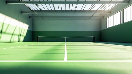 Large empty green tennis court with sun rays.