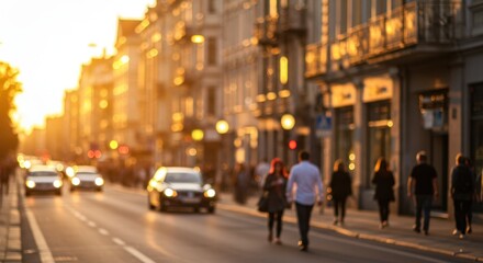 Fototapeta premium Urban street scene at sunset with pedestrians and cars in warm light