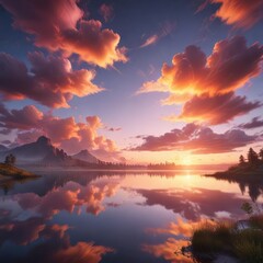 Fototapeta premium Vibrant sunset sky casting colorful clouds over tranquil lake, beauty, serene, evening, peaceful