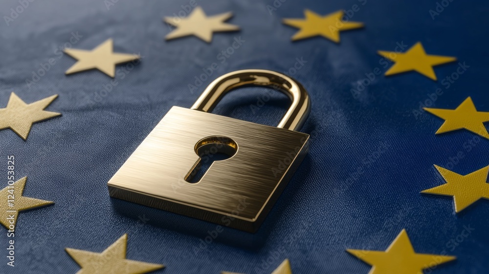 Poster golden padlock on blue background with european union stars representing security and data protectio