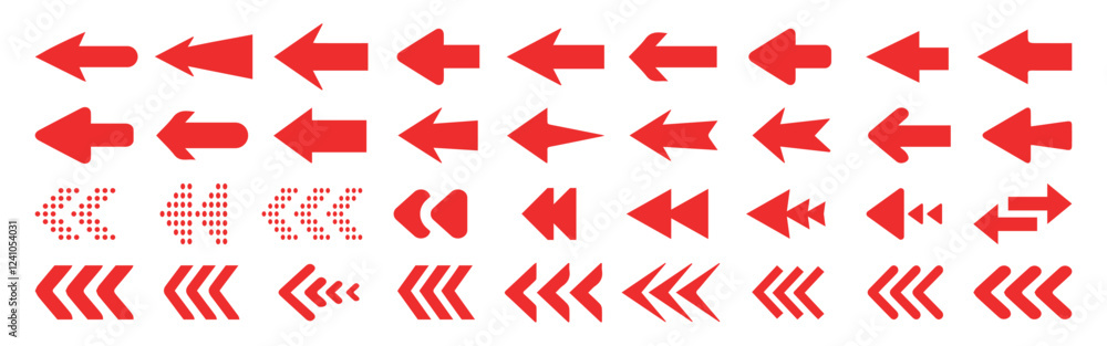 Poster arrow icon red set. cursor. collection of different arrow signs. different cursor arrow direction sy