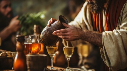 Jesus  first miracle  transforming water into wine at a joyful wedding celebration