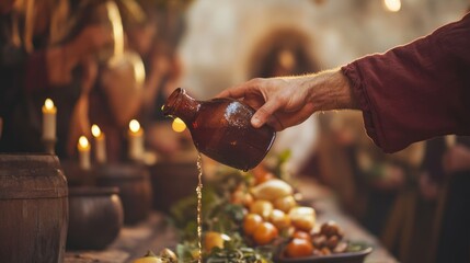 Jesus  first miracle  transforming water into wine at a joyous wedding celebration