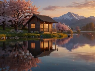 Fototapeta premium Wooden Cabin by Lake with Blossoming Trees at Sunset