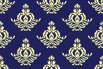 Elegant golden Flora damask on dark blue background seamless pattern.