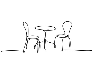 Garden chairs and table in continuous line art drawing style. Classic style dining room furniture black linear sketch isolated on white background. Vector illustration