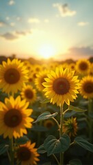 Obraz premium Golden sunlight bathing a vibrant sunflower field at sunset