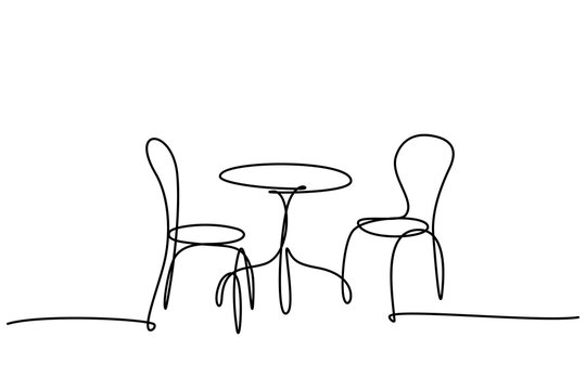 Garden chairs and table in continuous line art drawing style. Classic style dining room furniture black linear sketch isolated on white background. Vector illustration