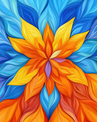 Fototapeta premium Vibrant floral design with colorful leaves in blue, orange, and yellow hues