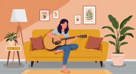 Woman playing guitar on yellow sofa in cozy living room with plant decor
