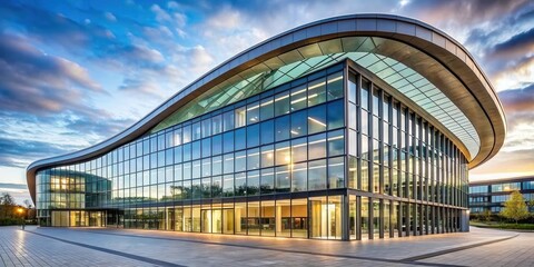 Modern university building with sleek glass walls and a curved roofline