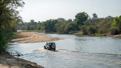 Vehicle traversing river crossing in off-road driving, crossings, rivers, boats