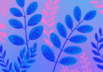 Vibrant botanical pattern with blue and pink leaves on gradient background