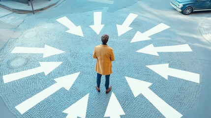 Businessman Standing at Crossroads with Directional Arrows Around